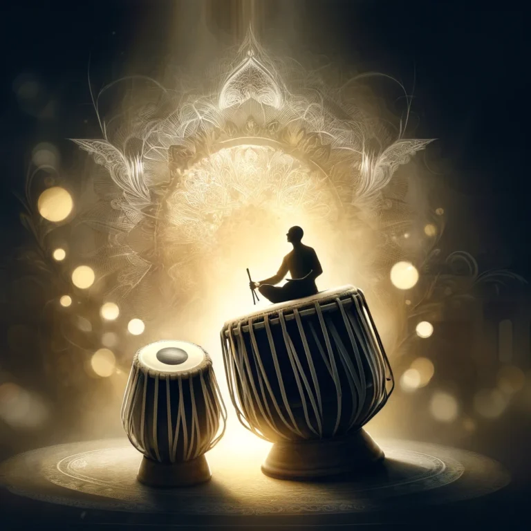 DALL·E 2024-12-16 11.26.49 - An artistic tribute to Zakir Hussain, the legendary tabla player. The image shows a glowing tabla set with a subtle golden aura, symbolizing his music