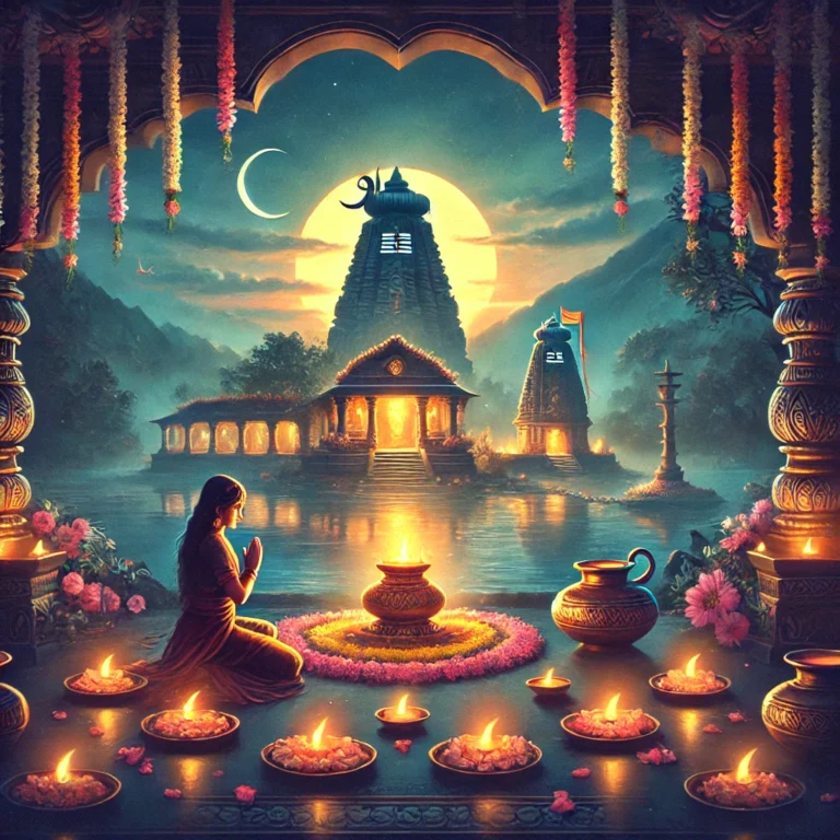 DALL·E 2024-12-16 11.37.37 - An artistic depiction of the Shani Trayodashi festival. The image features a serene setting with a temple dedicated to Lord Shiva and Goddess Parvati,