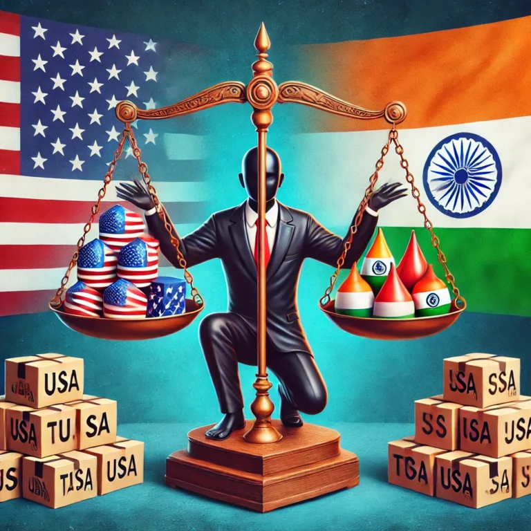 DALL·E 2024-12-18 09.56.53 - A symbolic representation of trade tensions between the United States and India. The image shows two balancing scales_ one side holding American produ