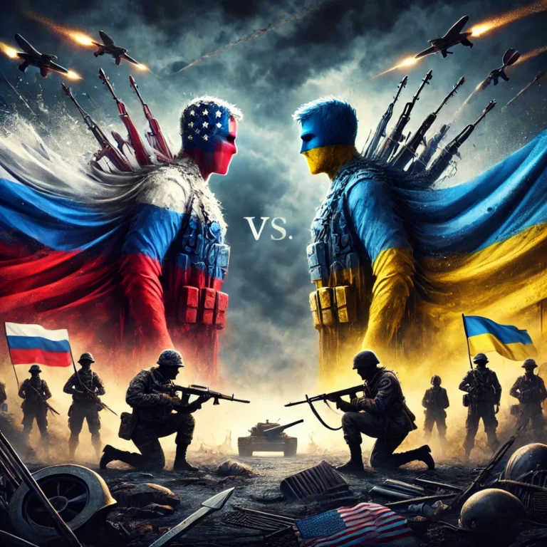 DALL·E 2024-12-20 08.48.21 - A dramatic illustration of a conflict scene between Russia and Ukraine. The image features two opposing figures representing the countries, each adorn