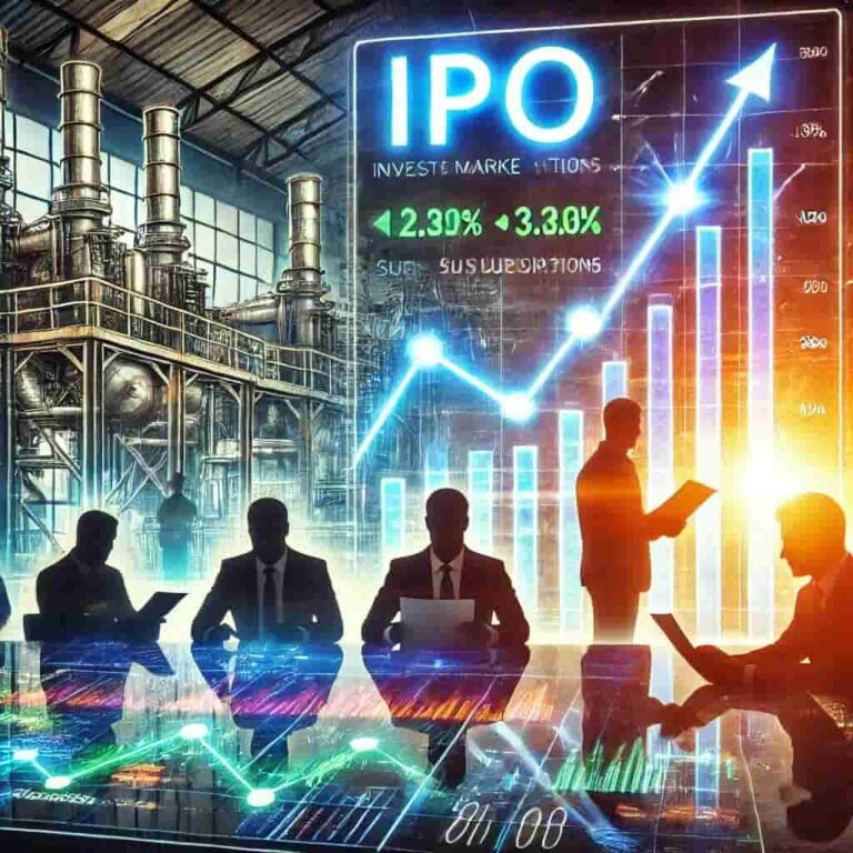 DALL·E 2024-12-24 08.57.47 - An artistic representation of a stock market IPO scene for a manufacturing company. The image shows investors analyzing data on screens, a modern fact-min