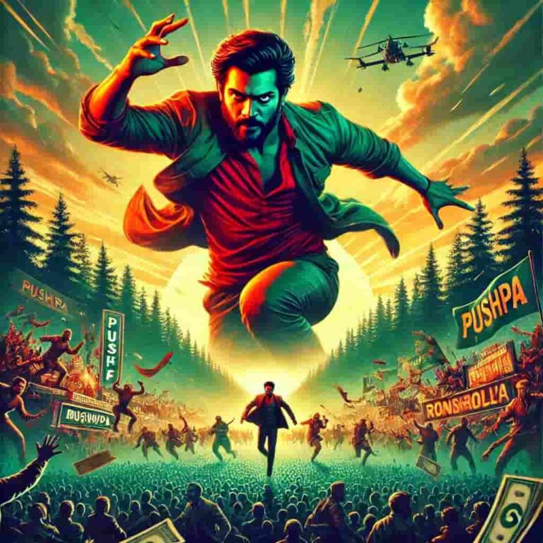 DALL·E 2024-12-24 09.10.55 - A vibrant movie poster for 'Pushpa 2_ The Rule' featuring a charismatic lead actor in an intense action pose, surrounded by dramatic forest landscapes-min