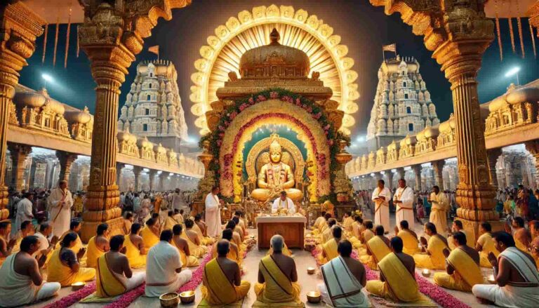 DALL·E 2024-12-24 09.50.36 - A divine scene of Vaikuntha Ekadashi celebrations at Tirumala Tirupati Temple. The temple is illuminated with golden lights, devotees praying at the g-min