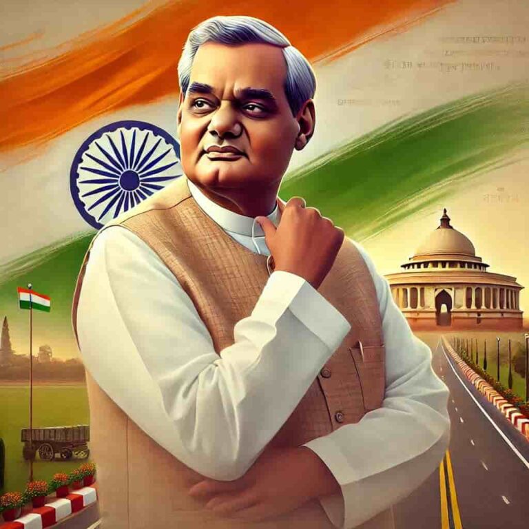 DALL·E 2024-12-25 09.48.25 - A tribute to Atal Bihari Vajpayee on his birthday, featuring a serene background with the Indian tricolor flag waving gently in the wind. In the foreg-min