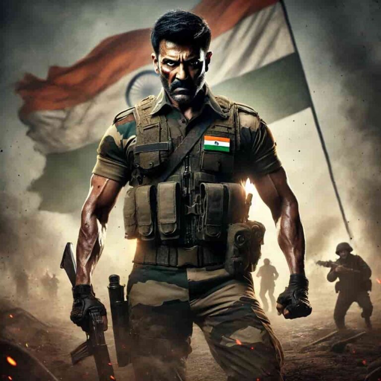 DALL·E 2024-12-25 10.05.29 - A dramatic scene inspired by the movie 'Border 2' featuring a strong, heroic figure resembling Sunny Deol. The scene shows the character in military a-min