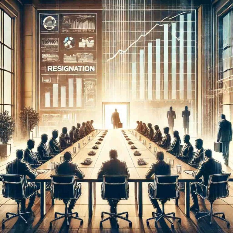 DALL·E 2024-12-26 08.17.56 - An artistic depiction of a corporate boardroom with a prominent resignation scene. The image shows a formal setting with chairs and a long table, wher-min