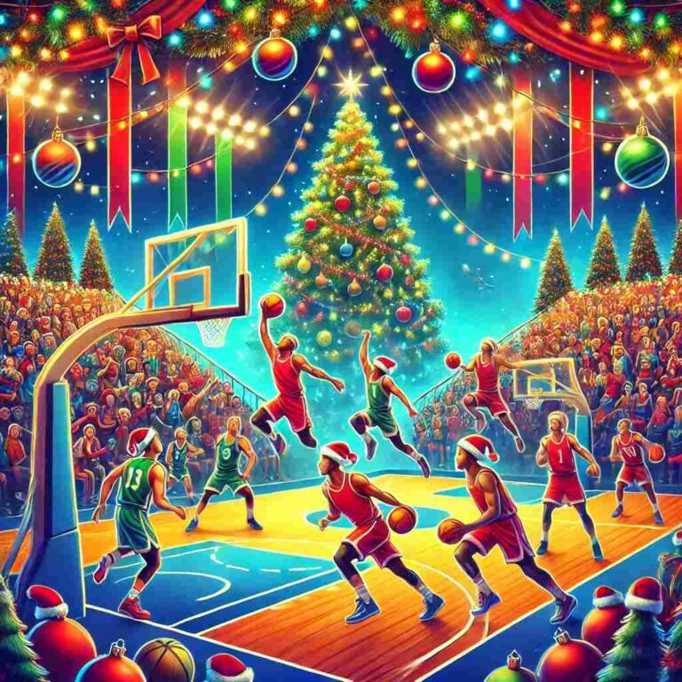 DALL·E 2024-12-26 08.29.00 - A vibrant illustration of a festive basketball game, showcasing a general holiday-themed basketball scene. The court is decorated with Christmas light (1)