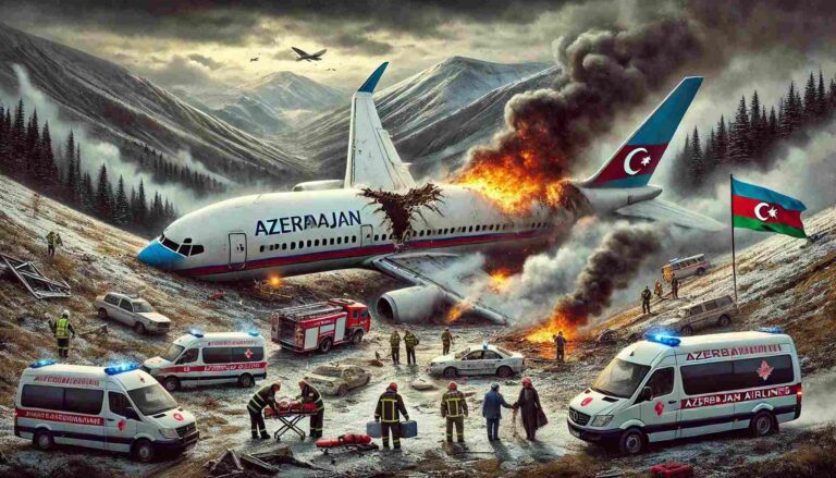 DALL·E 2024-12-26 08.44.18 - A dramatic depiction of a plane crash involving an Azerbaijan Airlines aircraft in a mountainous region. The scene includes smoke and flames emerging  (1)