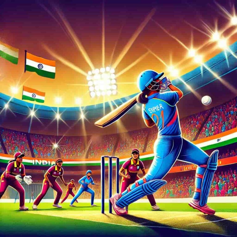 DALL·E 2024-12-27 09.18.44 - A vibrant illustration depicting a women's cricket match in action under bright stadium lights, with players in India and West Indies uniforms. The sc-min