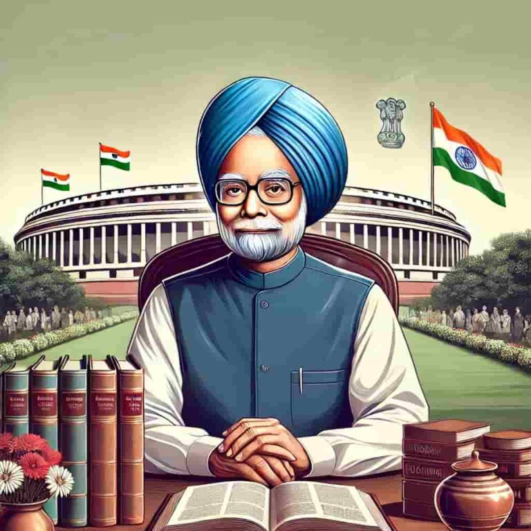 DALL·E 2024-12-27 09.48.02 - A respectful and solemn illustration of Dr. Manmohan Singh, a distinguished Indian economist and former Prime Minister, sitting at a desk surrounded b-min