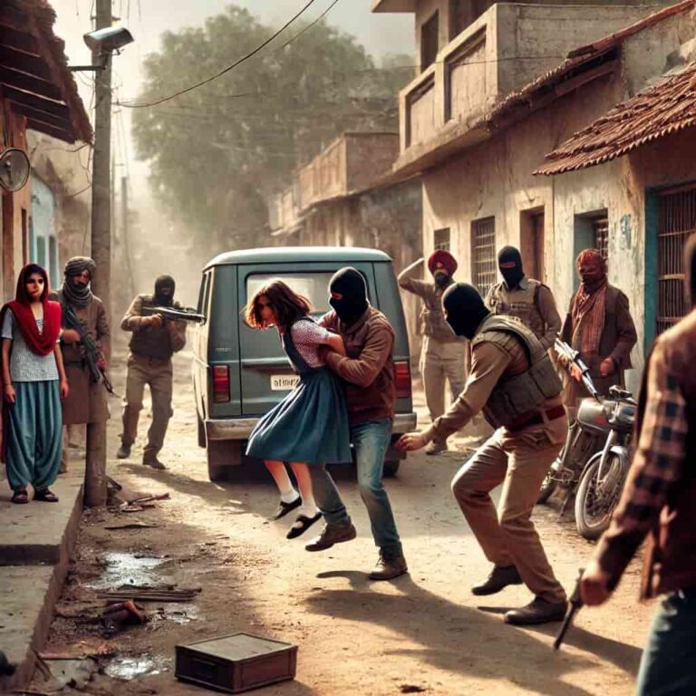 DALL·E 2024-12-28 07.58.10 - A tense and dramatic scene in a small Indian town where a young schoolgirl is being forcefully taken into a van by masked individuals in broad dayligh-min