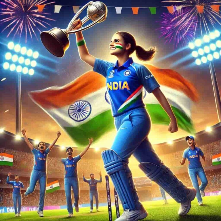 DALL·E 2024-12-28 08.09.15 - A dynamic scene celebrating the Indian Women's Cricket Team's victory. The image shows a female cricketer from the Indian team holding the trophy alof-min