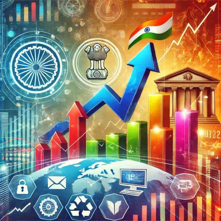 DALL·E 2024-12-28 08.26.59 - An illustration depicting the Indian stock market on a positive trend. The image shows stock charts with upward arrows, the Sensex and Nifty indexes d-min