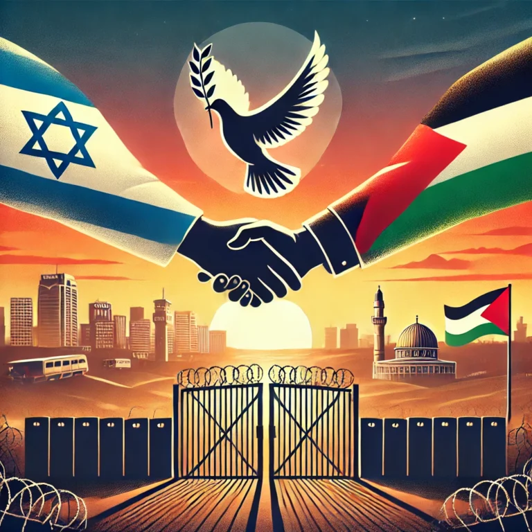 A symbolic image representing a ceasefire between Israel and Gaza. The image features a handshake between two figures, one representing Israel and the