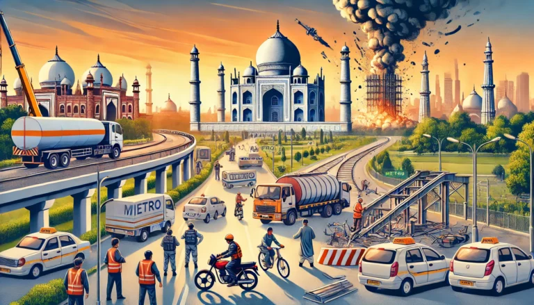 DALL·E 2025-01-03 11.21.15 - A detailed and dynamic illustration of today's key news highlights from Agra, India. The image includes a busy city street with a road accident involv