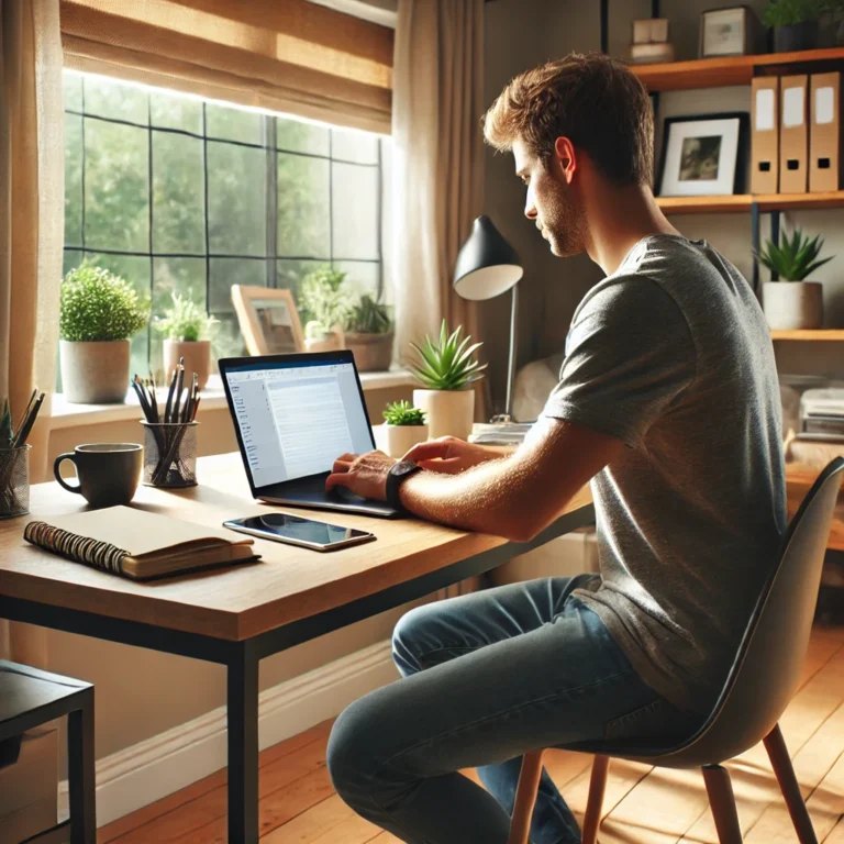 DALL·E 2025-01-08 09.47.16 - A modern home office setup with a person working on a laptop, sitting at a desk with a coffee cup, notebook, and plant. The background shows a cozy, o