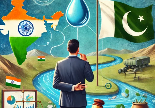 DALL·E 2025-01-22 10.01.30 - A visual representation of the Indus Water Treaty between India and Pakistan, showing the two countries and rivers flowing between them. Include a neu