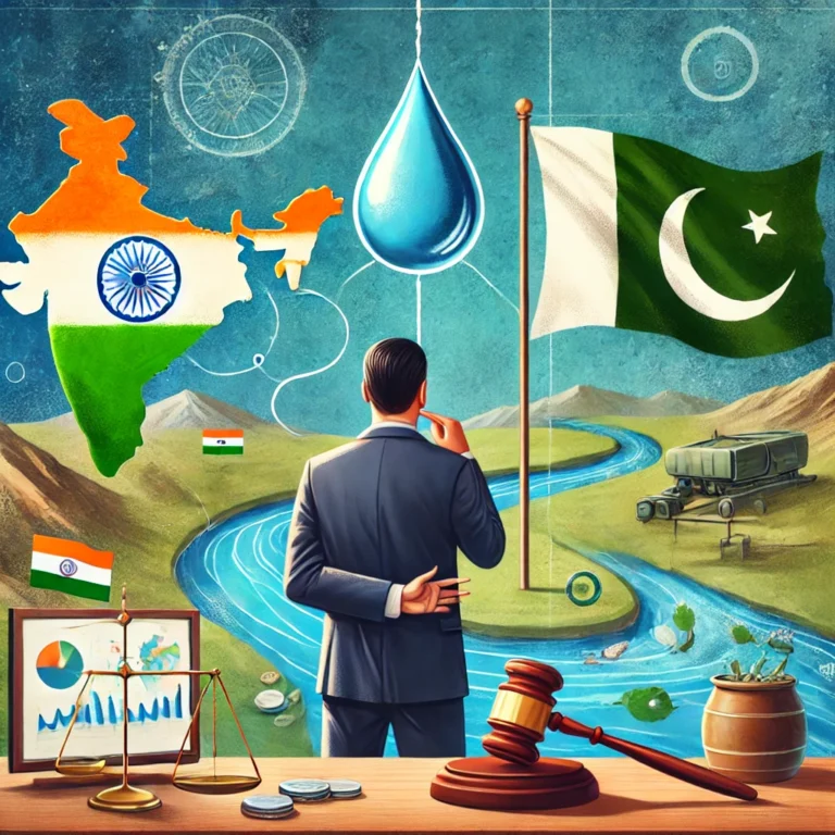 DALL·E 2025-01-22 10.01.30 - A visual representation of the Indus Water Treaty between India and Pakistan, showing the two countries and rivers flowing between them. Include a neu