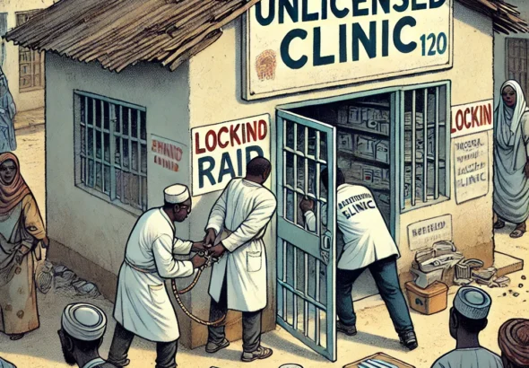 DALL·E 2025-01-22 11.11.31 - An illustration depicting a scene of a healthcare raid on an unlicensed clinic in a small town. The clinic has a signboard with faded text, medical su