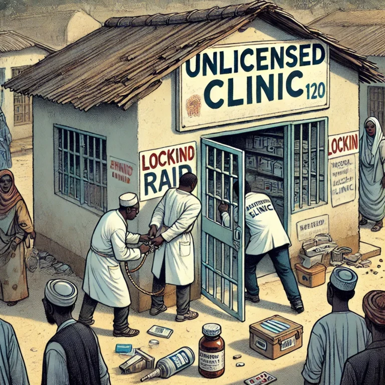 DALL·E 2025-01-22 11.11.31 - An illustration depicting a scene of a healthcare raid on an unlicensed clinic in a small town. The clinic has a signboard with faded text, medical su