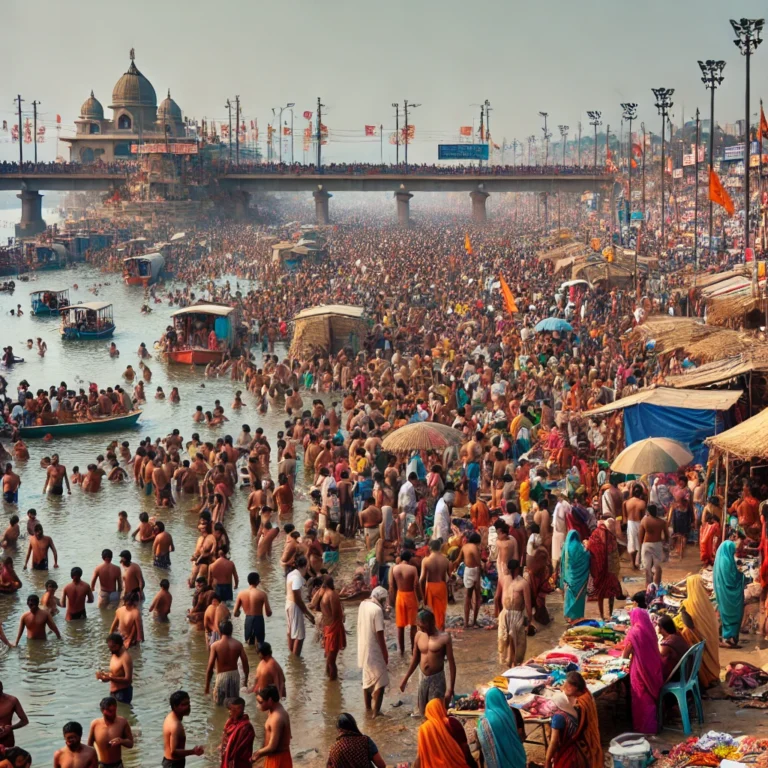 religious festival scene with thousands of devotees gathered at a riverbank during the Kumbh Mela in India, with people bathing in the holy