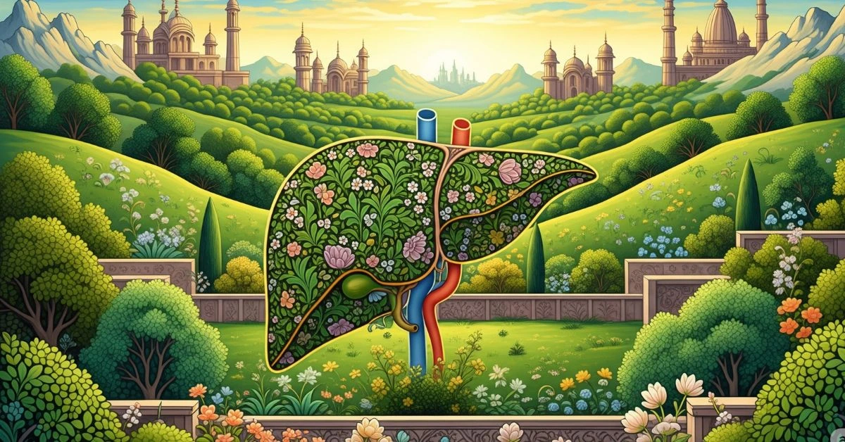 a painting of a liver with flowers and plants in the background