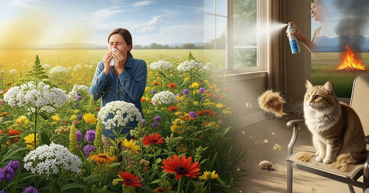 a woman blowing her nose in a flower garden
