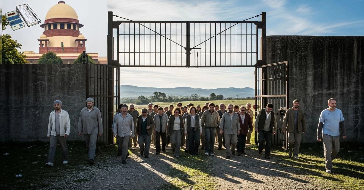 a group of people walking through a gate